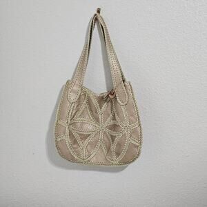 The Sax Cream Leather Embroidered Hobo Bag With Floral Stitching 15" x 11"